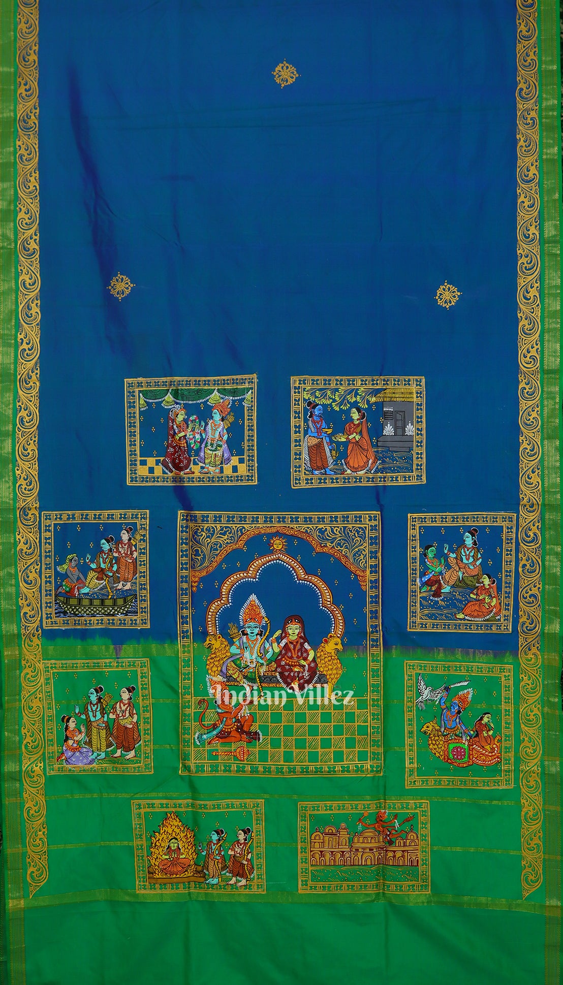 Blue Green Ramayan Theme Pattachitra Silk Saree