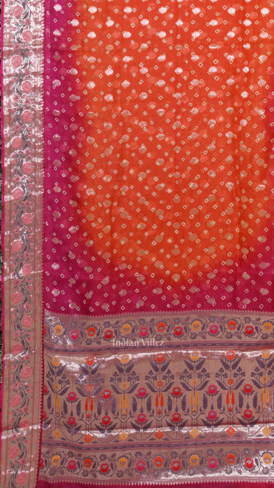 Bright Orange Pink Bandhini Banarasi Kota Saree with Paithani Border