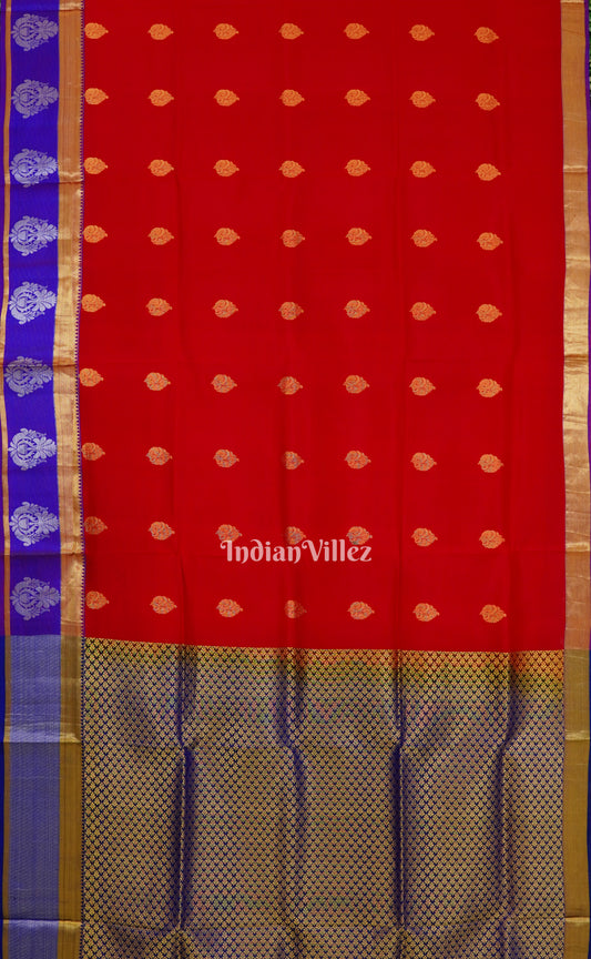 Red Blue Pure Kanjivaram Soft Silk Saree