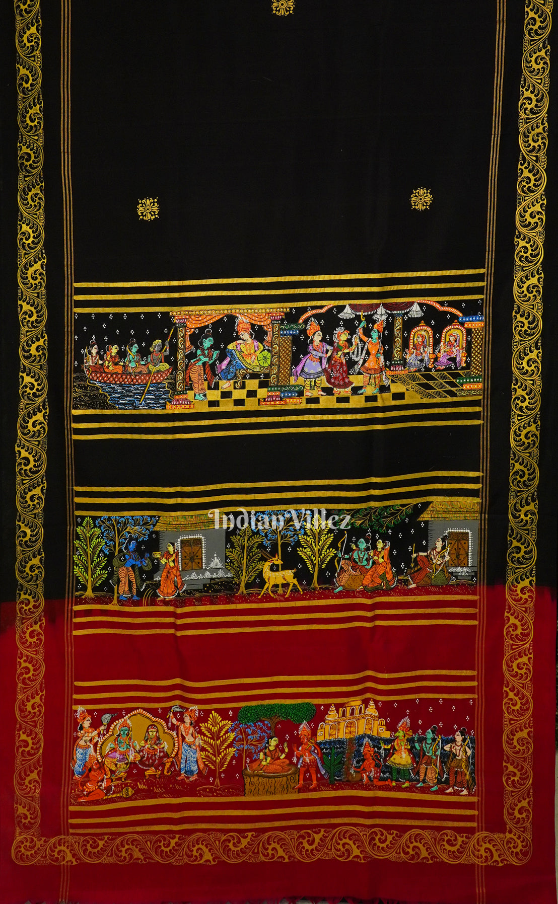Black Rani Ramayana Theme Hand-Painted Pattachitra Silk Saree