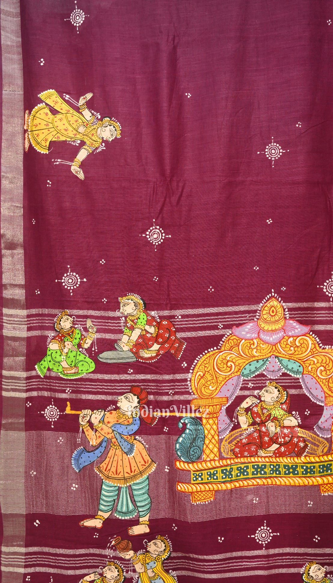 Magenta Doli Barat Theme Hand-Painted Pattachitra Linen Saree With Zari Border