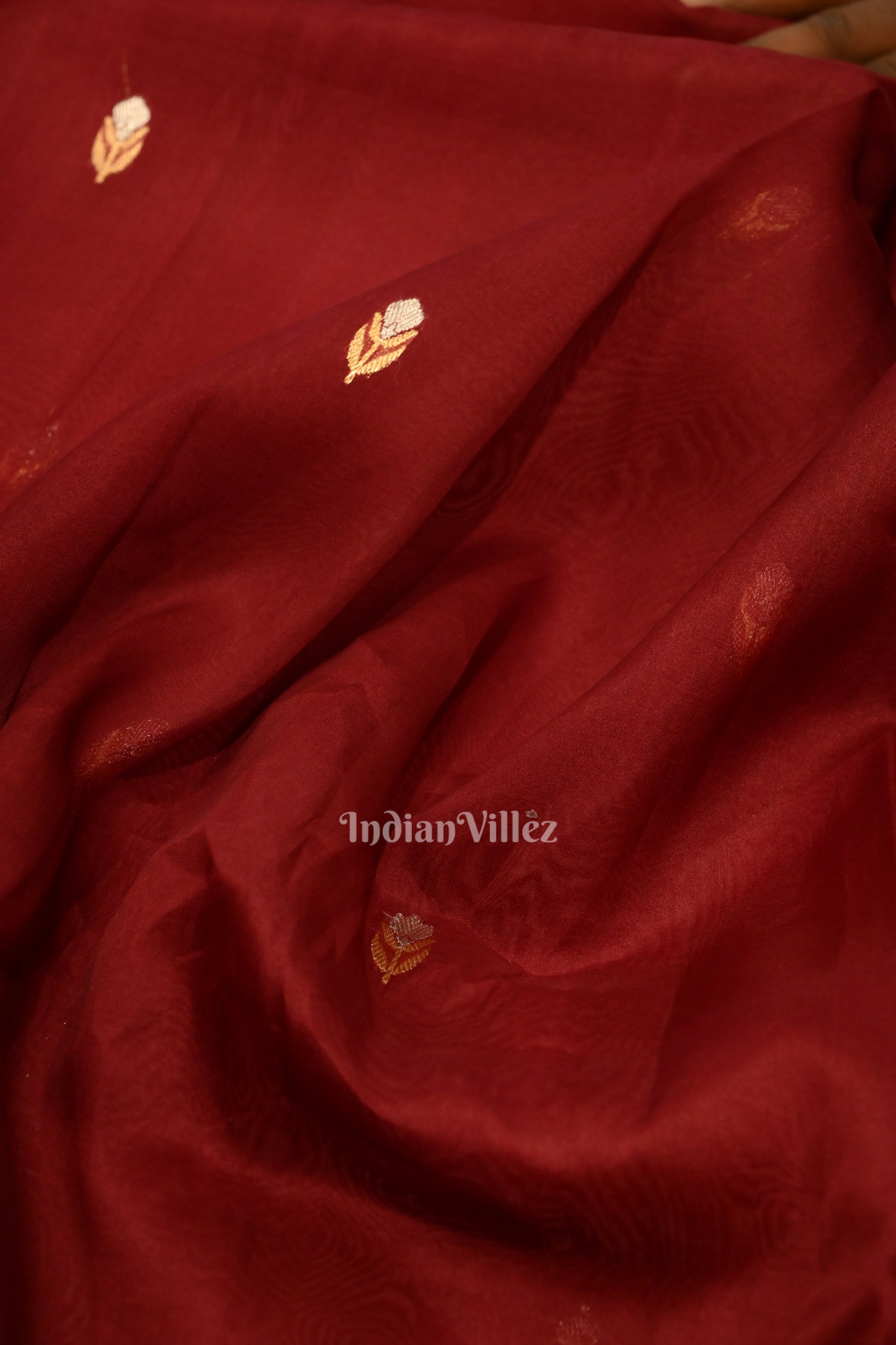 Deep Maroon Organza Banarasi Silk Saree With Floral Handwork