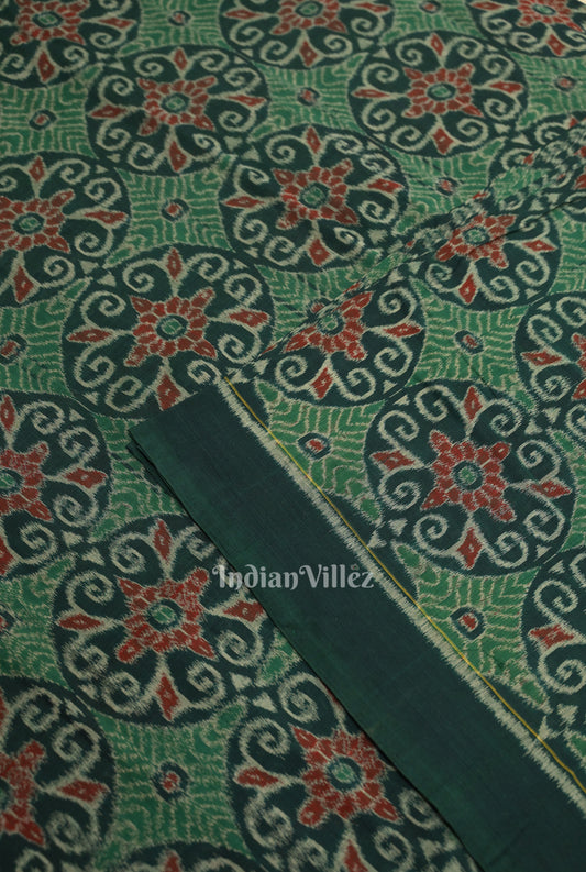 Green Flower Motif Sambalpuri Ikat Cotton Fabric