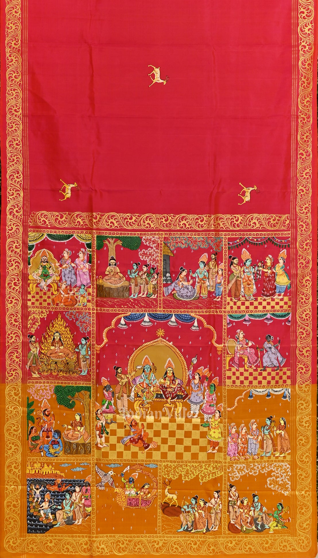 Rani Pink with orange Ramayan Theme Hand-Painted Pattachitra Saree 