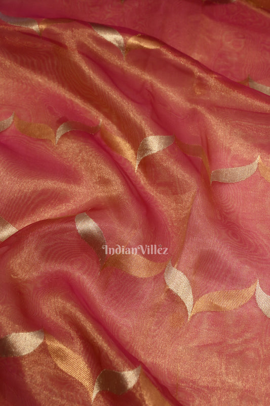 Rani Pink Pure Organza Banarasi Silk Saree With Floral Handwork 