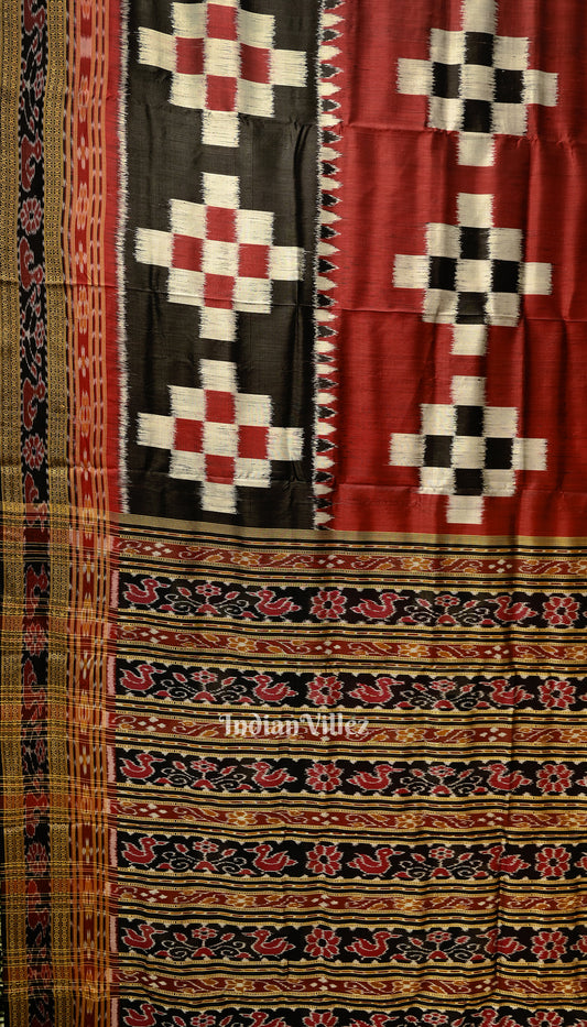 Red Black Pasapali Design Odisha Ikat Khandua Silk Saree