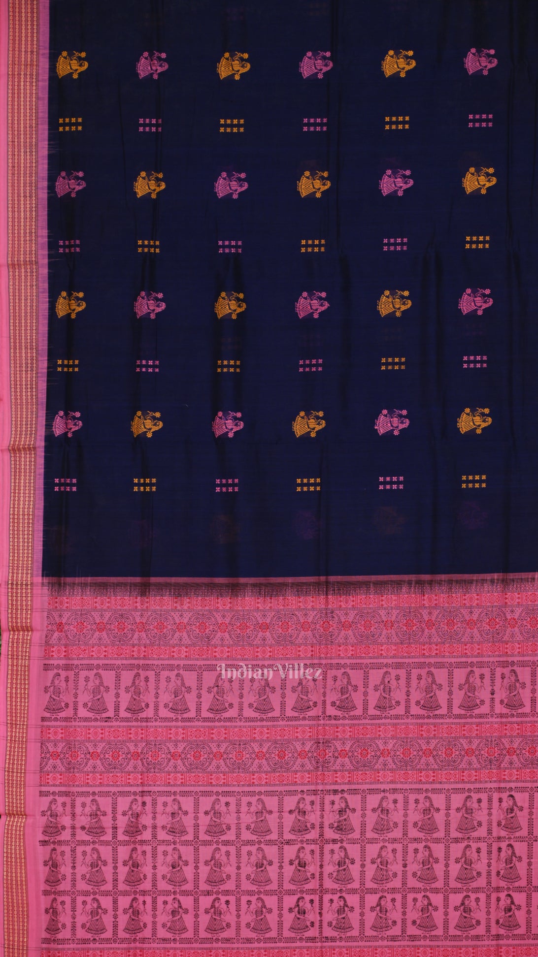 Navy Blue Pink Nartaki Theme Bomkai Cotton Saree 