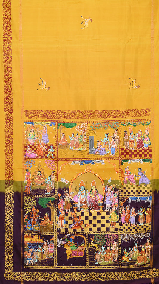 Yellow Violet Ramayan Theme Hand-Painted Pattachitra Saree 