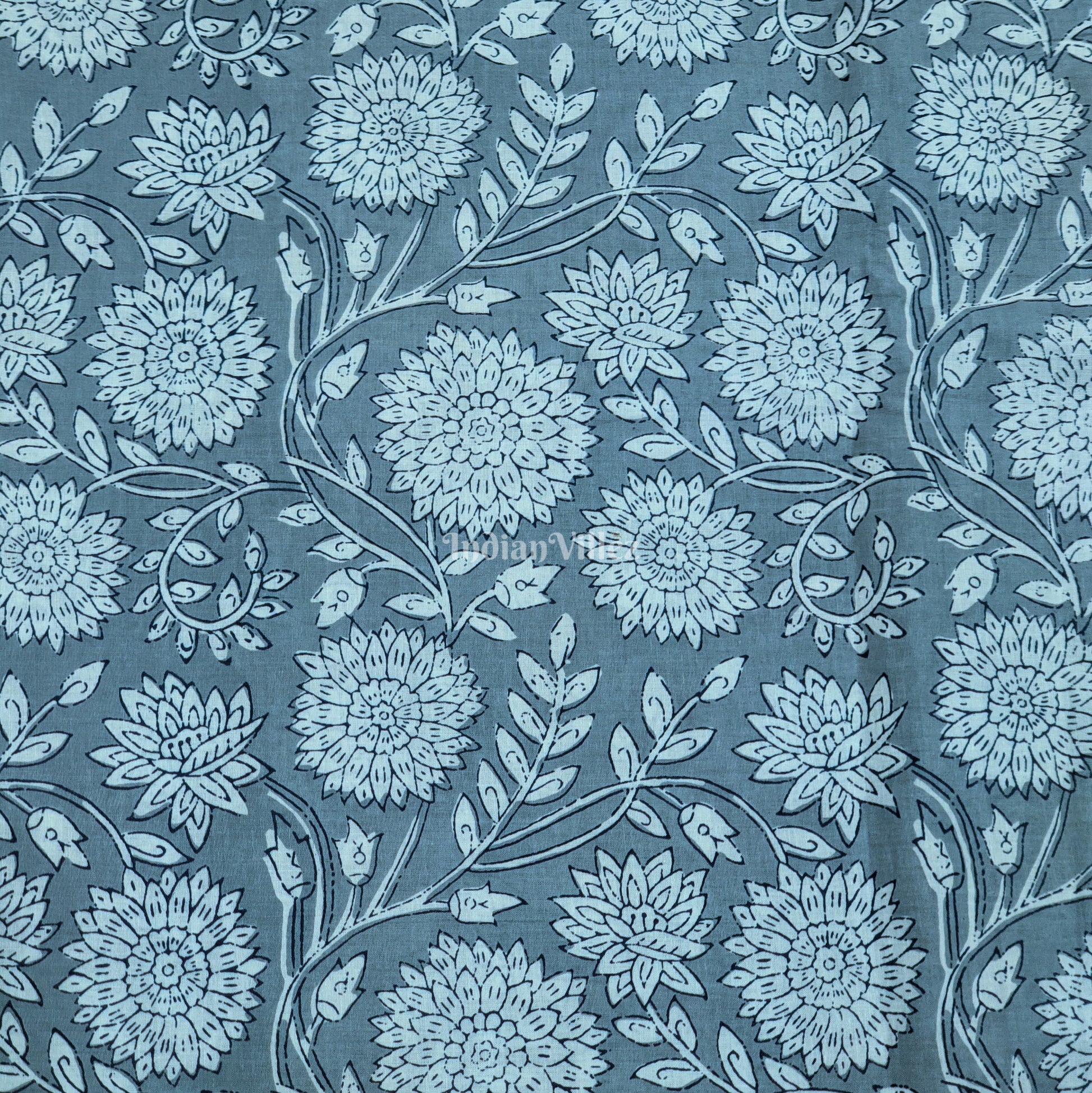 Gray Floral Hand Block Printed Cotton Fabric