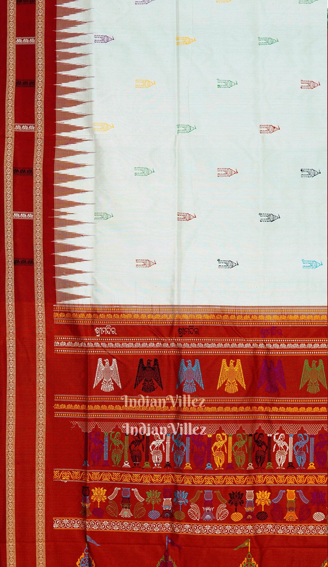 White Red Shreemandir Theme Sambalpuri Ikat Silk Saree