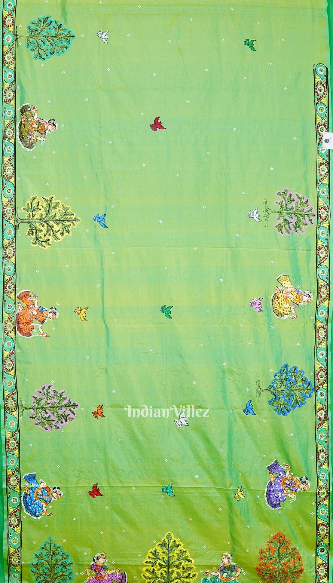 Parrot Green Dual Tone Ardha Chandra Krishna Rasa Leela Hand-Painted Pattachitra Saree (Pre-Order)