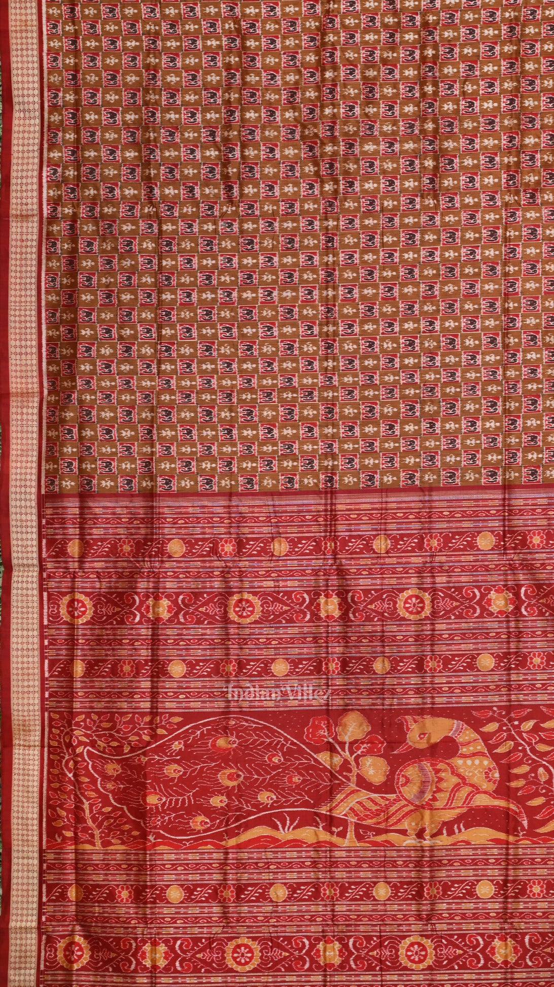 Golden Maroon Elephant Theme Sambalpuri Silk Saree