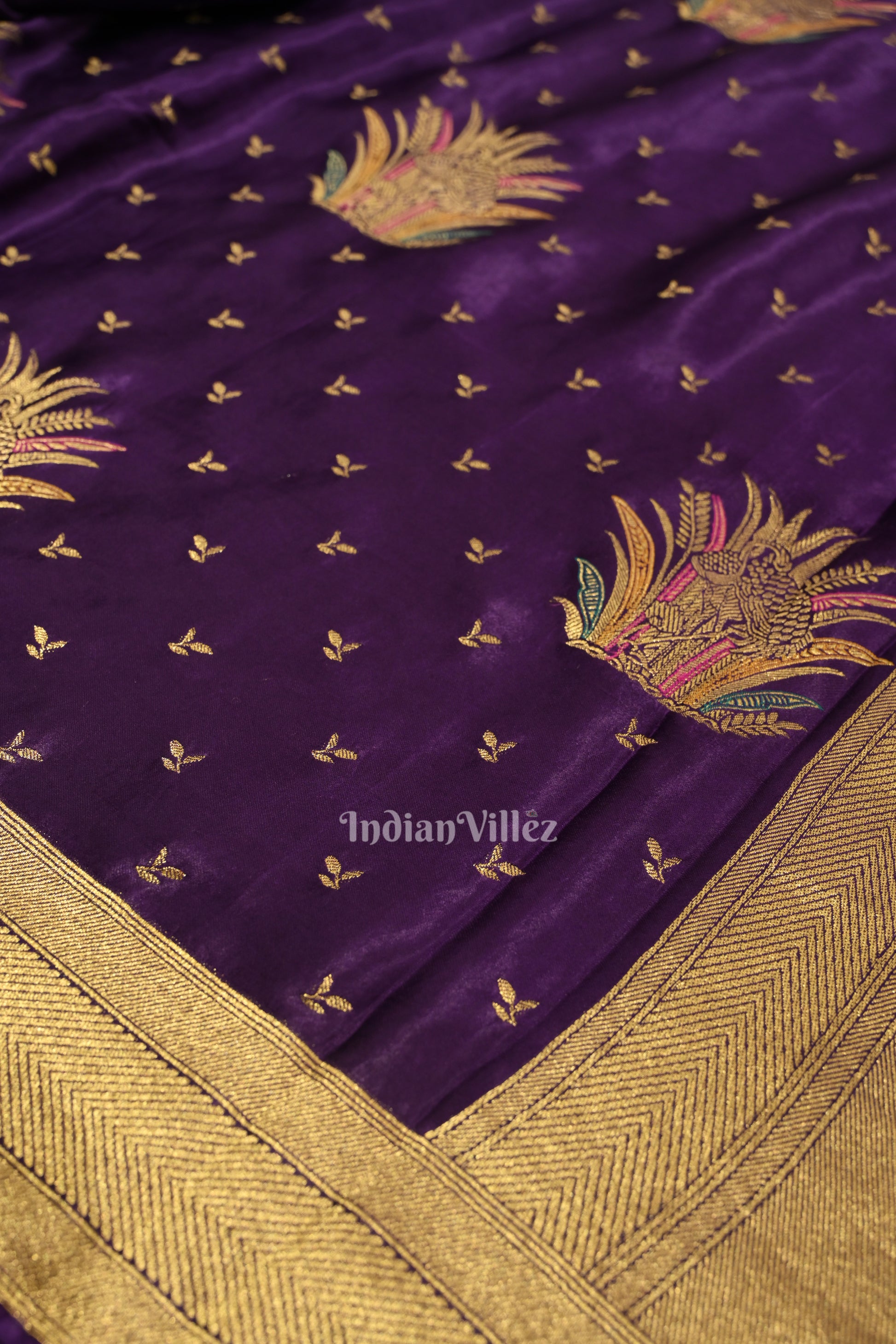 Violet  with Golden Border Banarasi Mashru Silk Saree