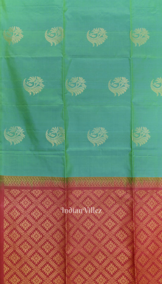 Sky Green With Pinkish Red Pure Kanjivaram Soft Silk Saree