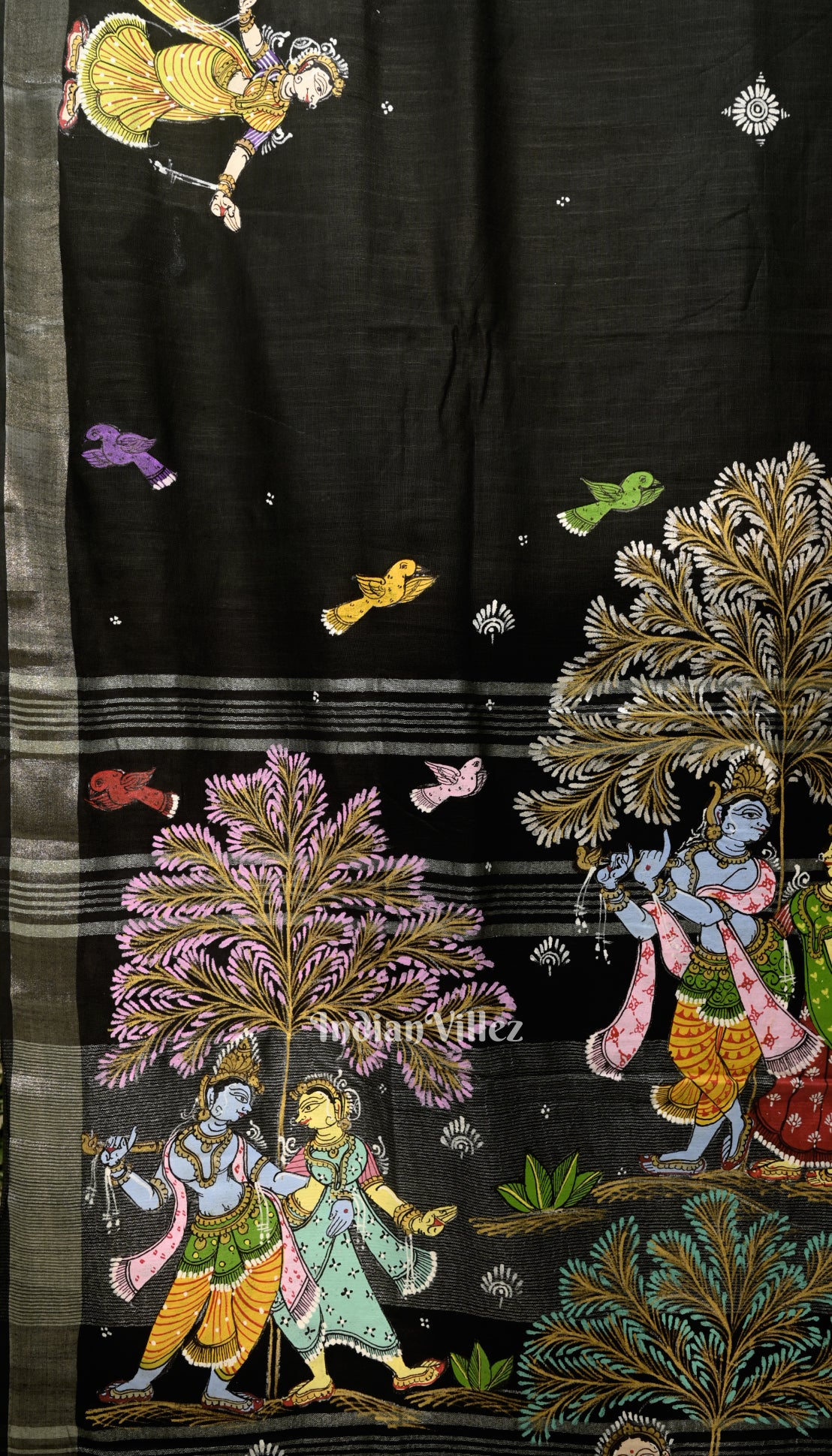 Black Radha Krishna Rasa Theme Hand-Painted Pattachitra Linen Saree With Zari Border