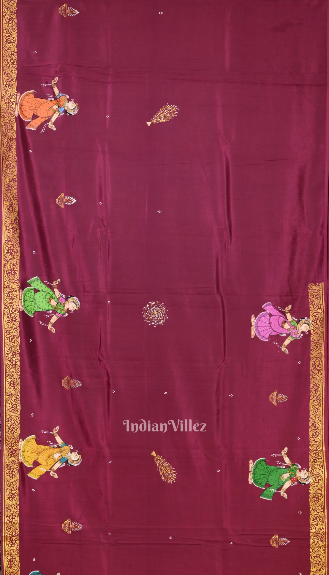 Wine Color Mathura Vijay Theme Hand-Painted Pattachitra Saree