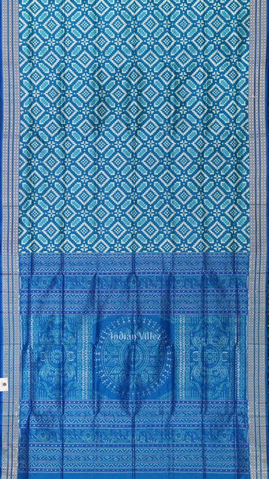 Aqua Blue White Pasapali Sambalpuri Silk Saree