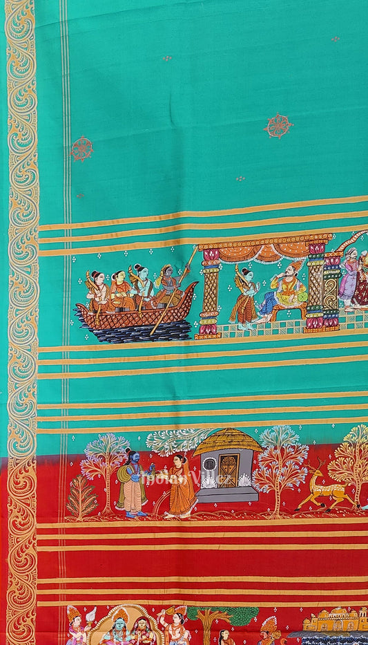 Green Ramayan Theme Hand-Painted Pattachitra Saree