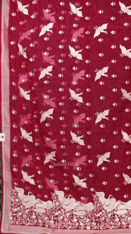 Vivid Pink Parsi Gara Floral Motif Hand Embroidered Saree