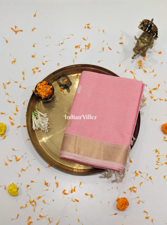 Peach Pure Silk Cotton Maheshwari Saree with Zari Border