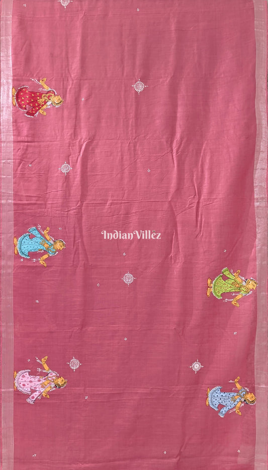 Pink Raja Theme Pattachitra on Linen Cotton with Zari Border Saree