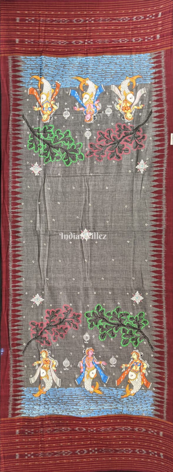 Gray Maroon Matsya Kanya Cotton Pattachitra Dupatta