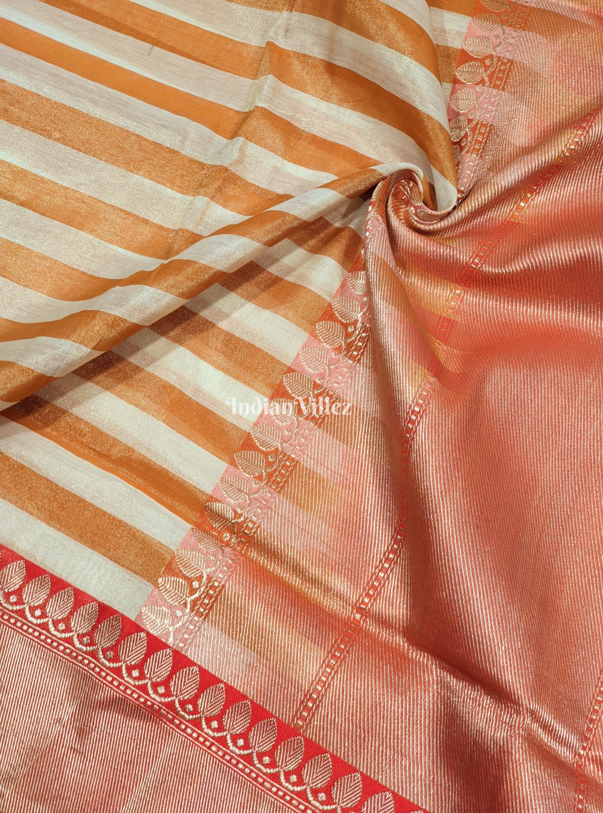 Orange White Stripes Pattern Designer Banarasi Tissue Saree