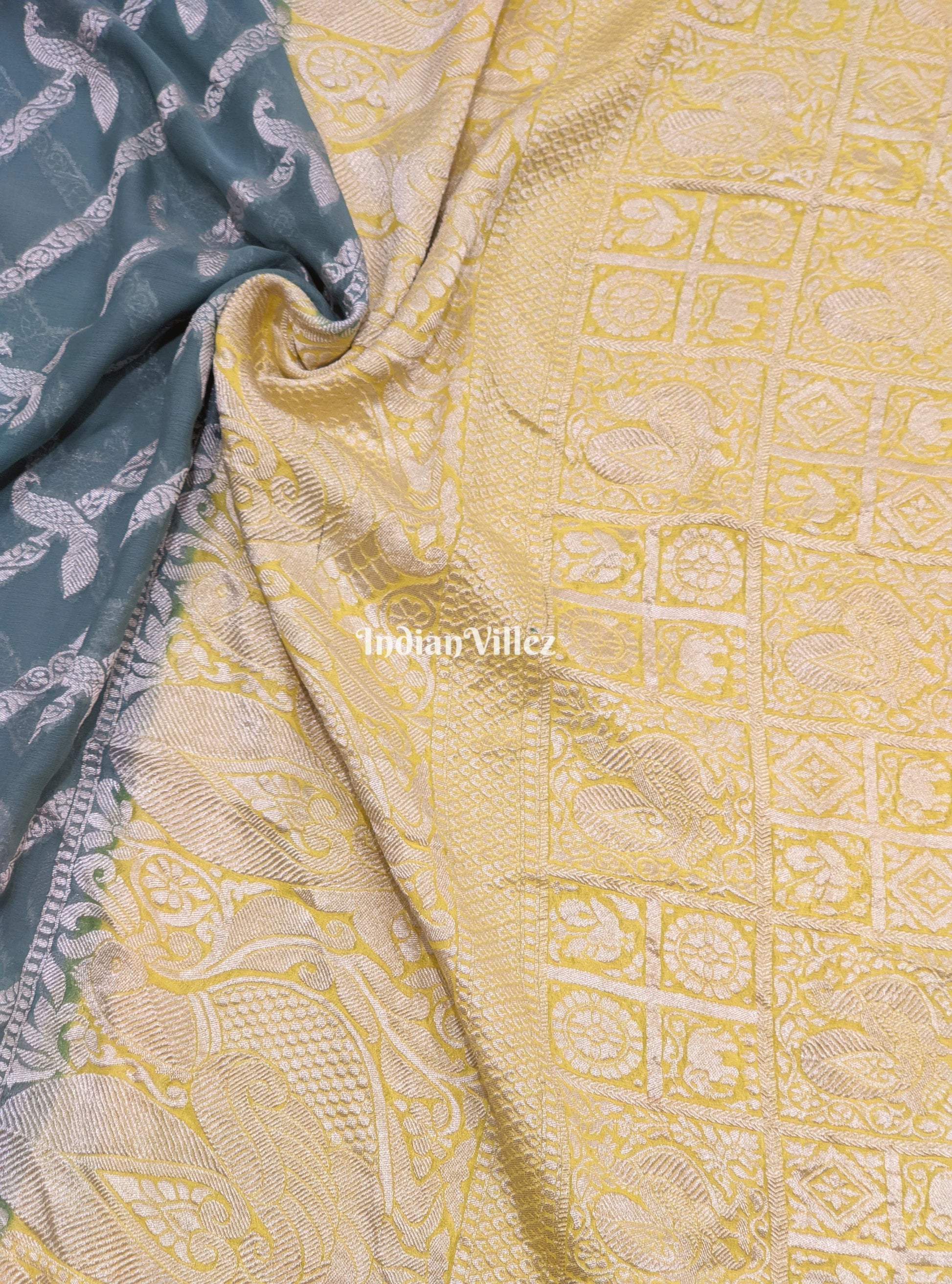 Grey Lemon Yellow Banarasi Khaddi Georgette Saree