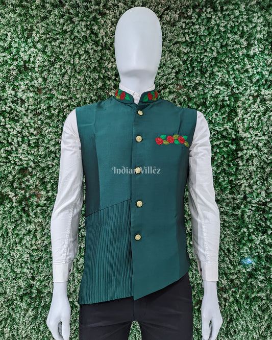 Green Embroidery Design Silk Half Bandi Jacket for Men