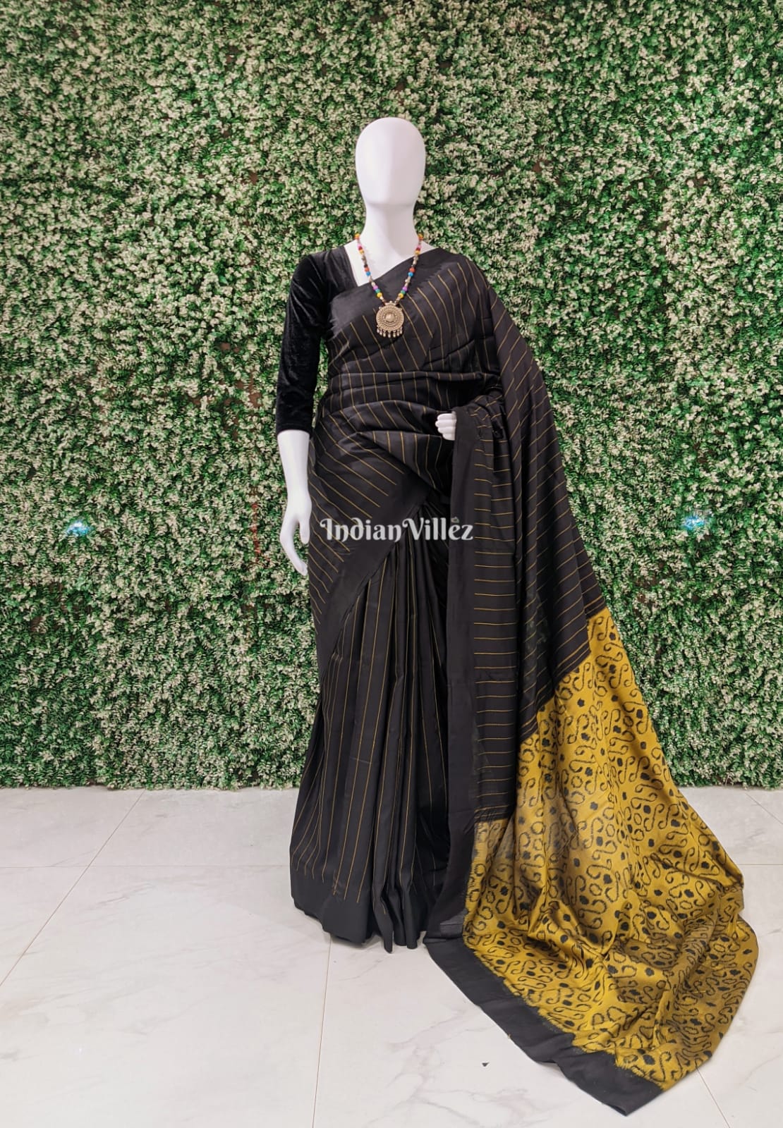 Black with Mustard Yellow Odisha Ikat Contemporary Silk Saree