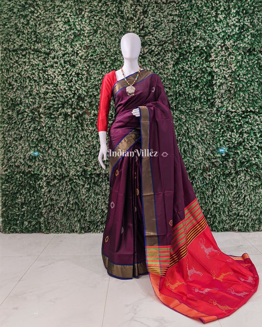 Wine with Orange Handwoven Soft Silk Saree