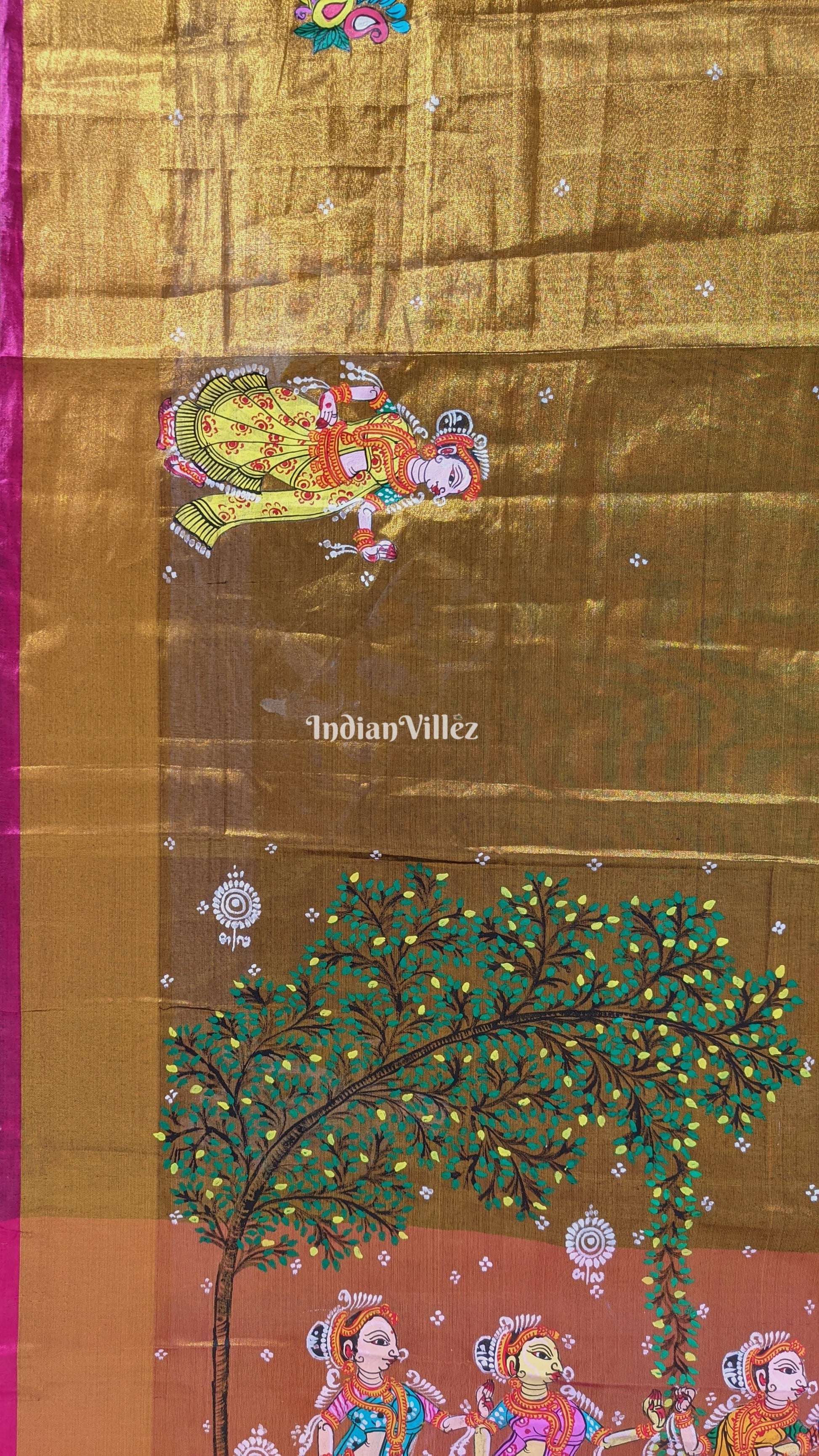 Golden Raja Theme Pattachitra Work on Kerala Tissue Saree