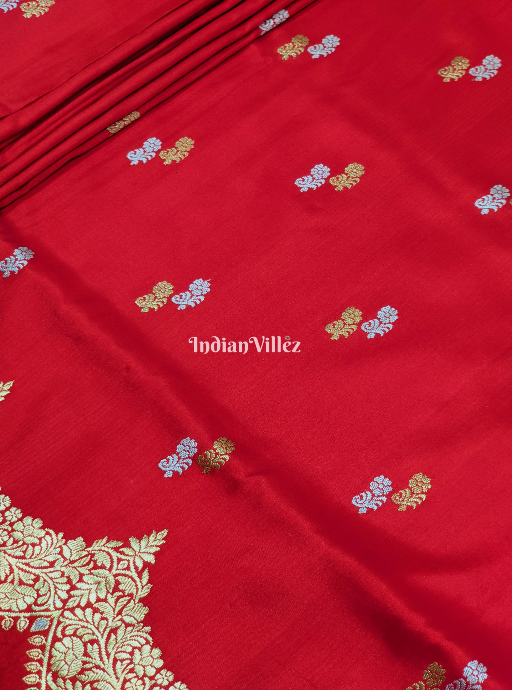 Red Floral Motif Designer Banarasi Katan Silk Saree