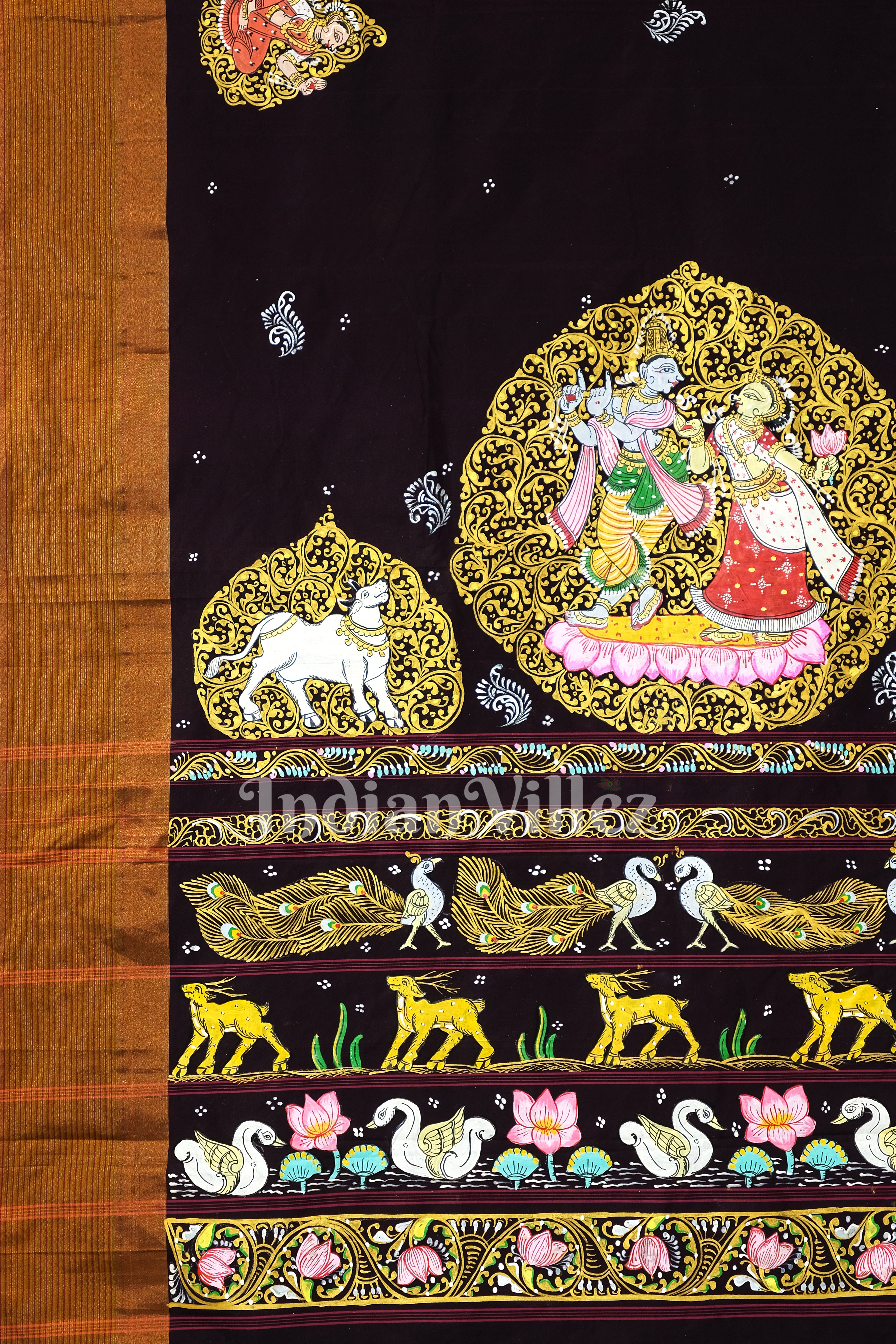 Maroon Color Radha Krishna Pattachitra Art on Kerala Silk Saree