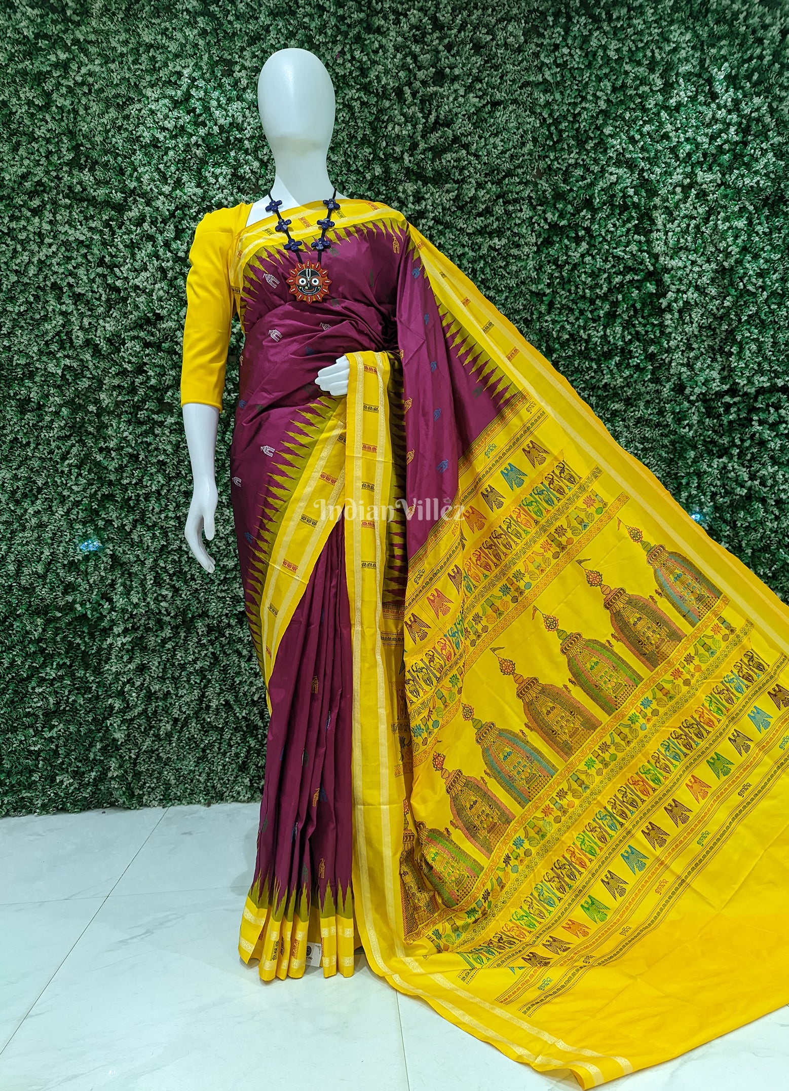 Magenta Yellow Odisha Ikat Shree Mandir Sambalpuri Silk Saree