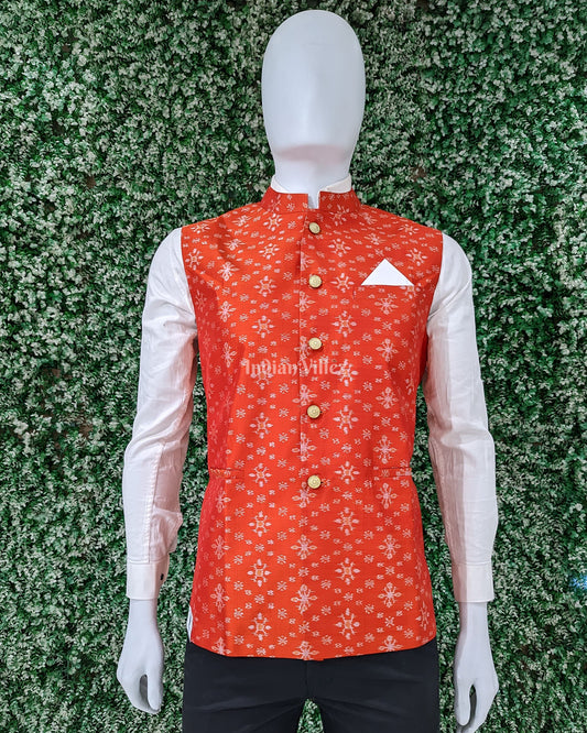 Red Tribal Design Sambalpuri Silk Half Bandi Jacket for Men