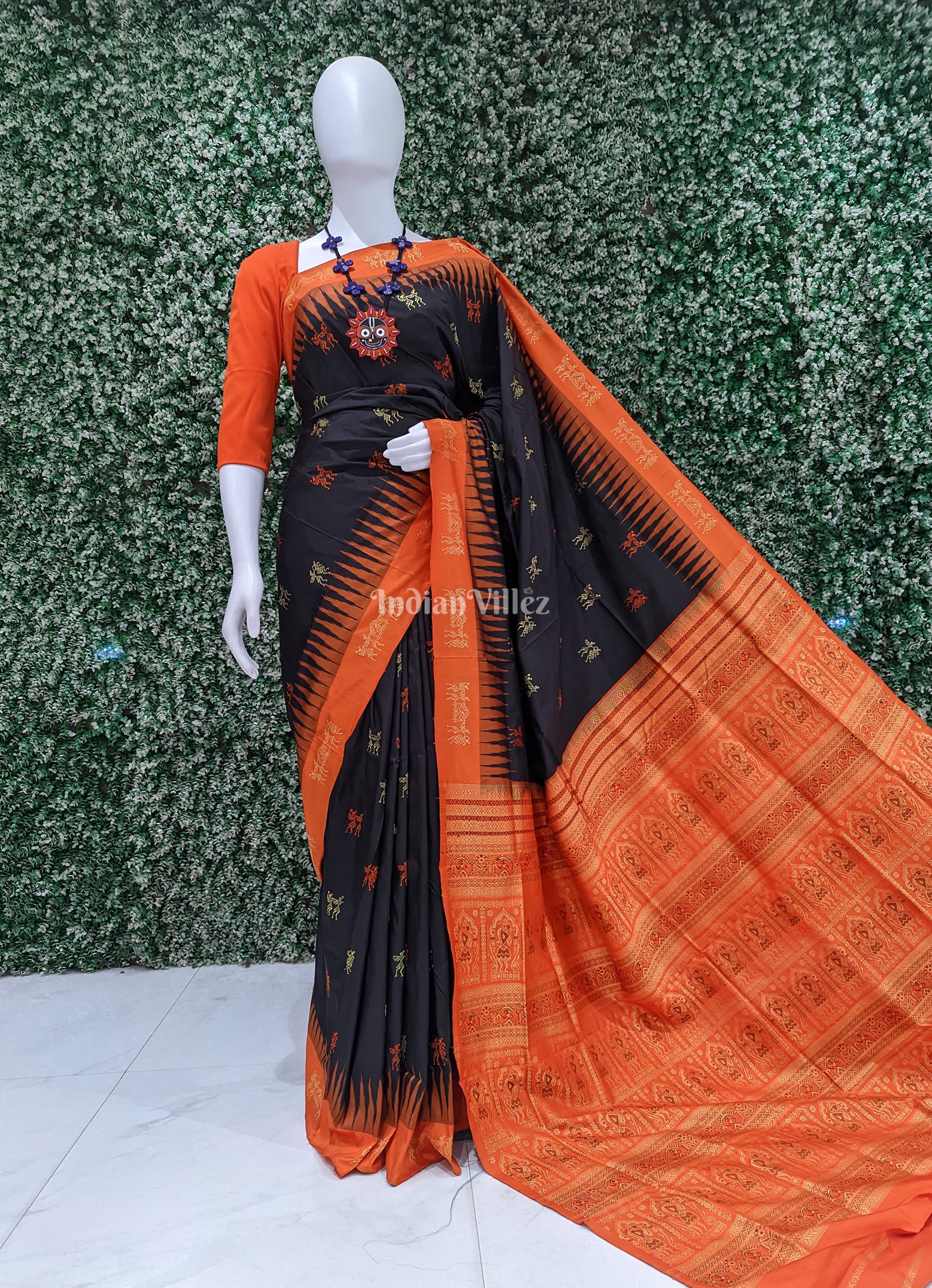 Black Orange Tribal Sambalpuri Ikat Bomkai Silk Saree