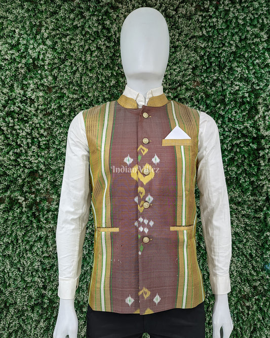 Golden Maroon Silk Half Bandi Jacket for Men