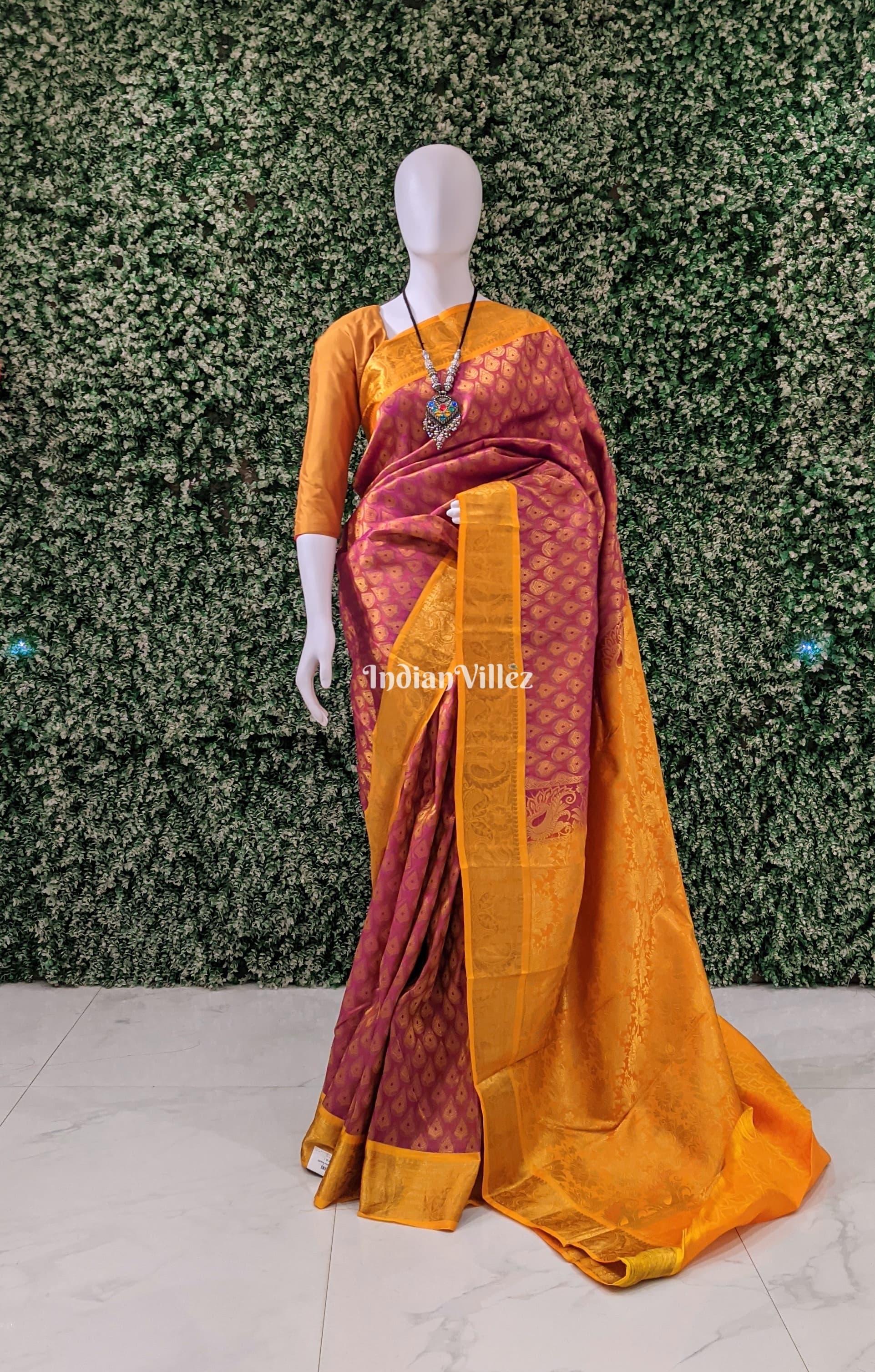 Rose Pink Golden Pure Kanjivaram Silk Saree