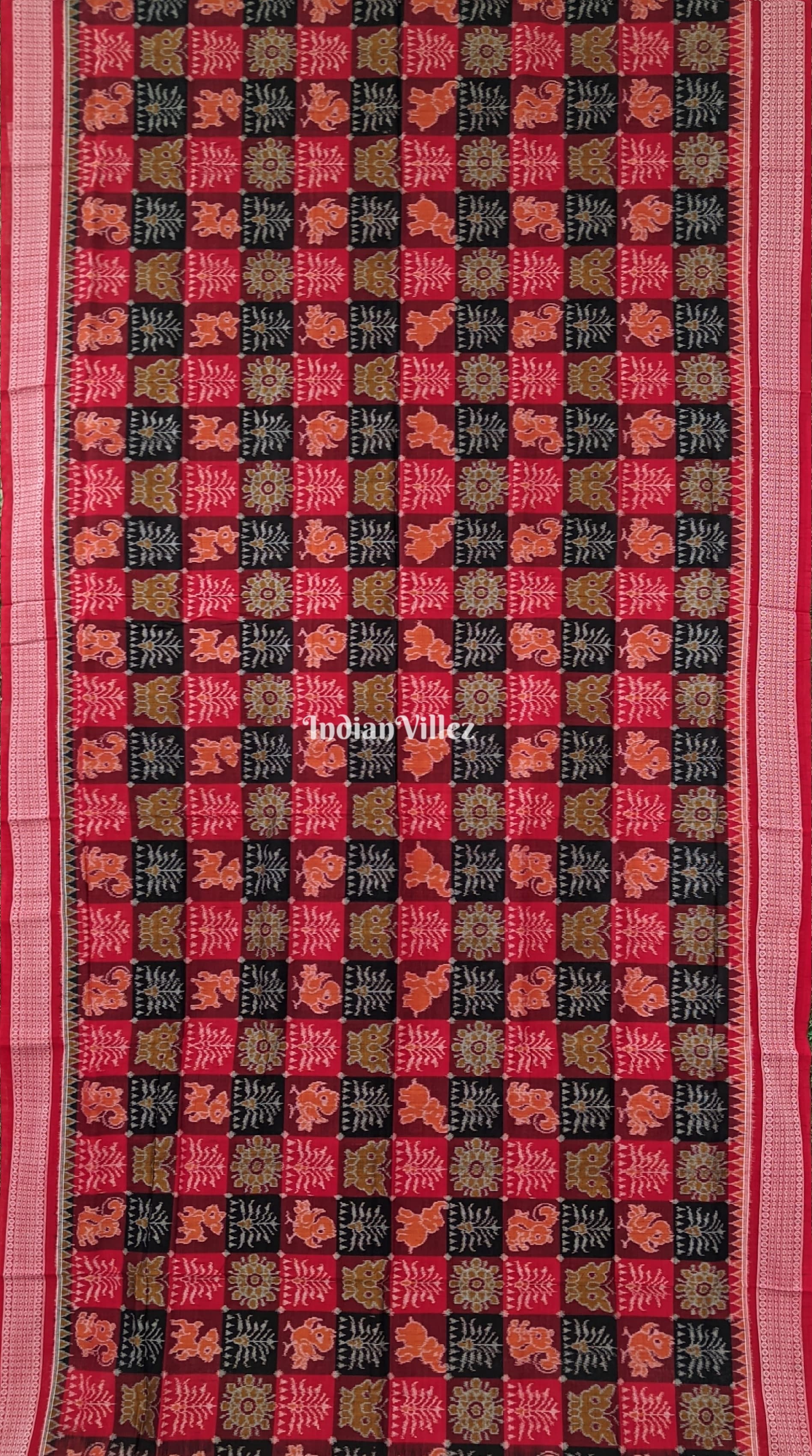 Red with Multicolored Kothi Sambalpuri Ikat Cotton Saree