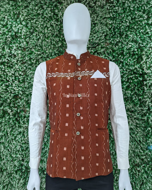 Brown Orange Odisha Ikat Cotton Half Bandi Jacket for Men