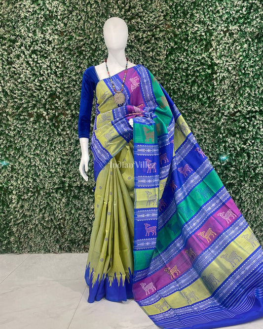 Parrot Green & Blue With Multicolor Double Pallu Berhampuri Silk Saree