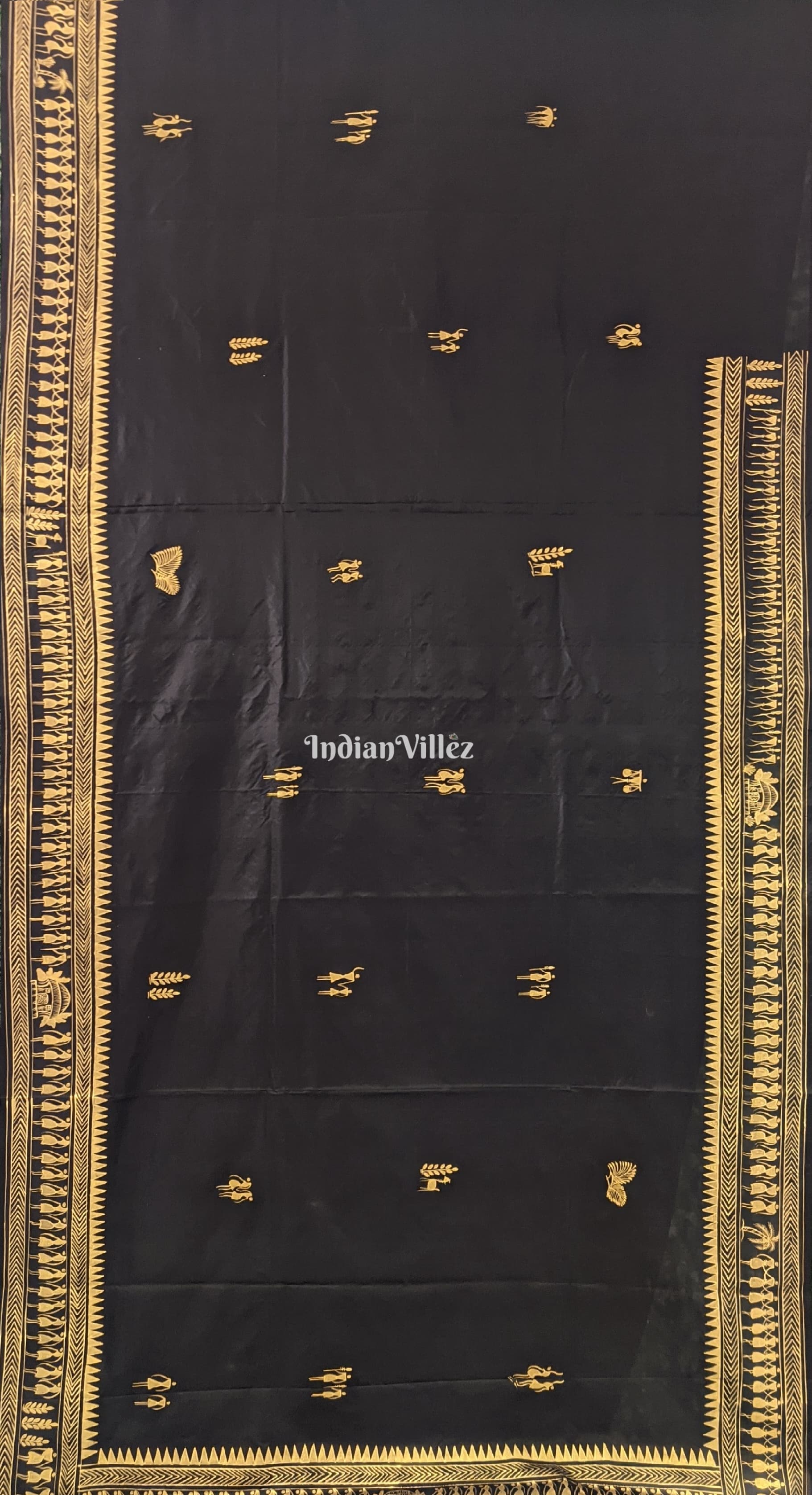 Black Tribal Konark Chakra Pattachitra Silk Saree