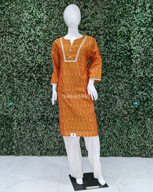 Golden Orange Pochampally Ikat Designer Cotton Kurti