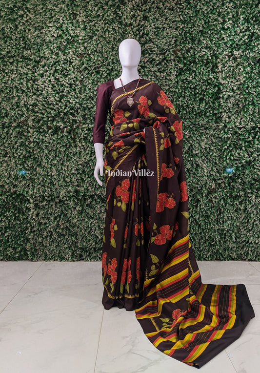 Chocolate Brown Floral Theme Contemporary Silk Saree