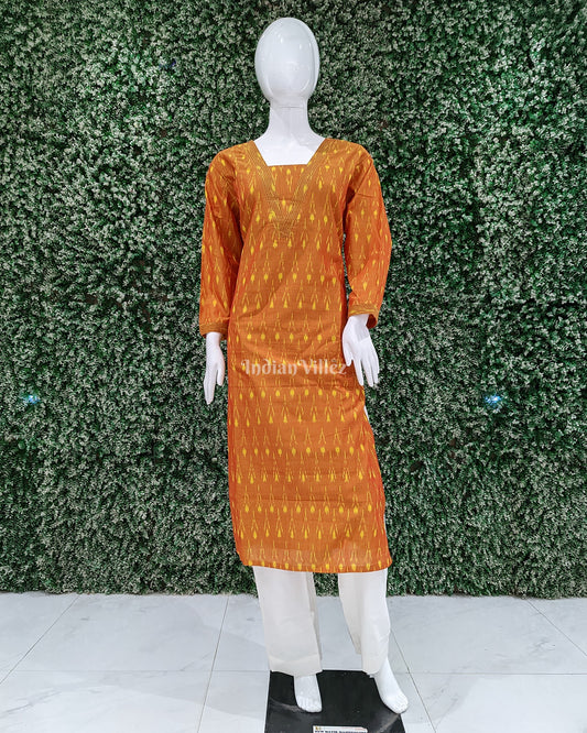 Golden Orange Pochampally Ikat Designer Cotton Kurti