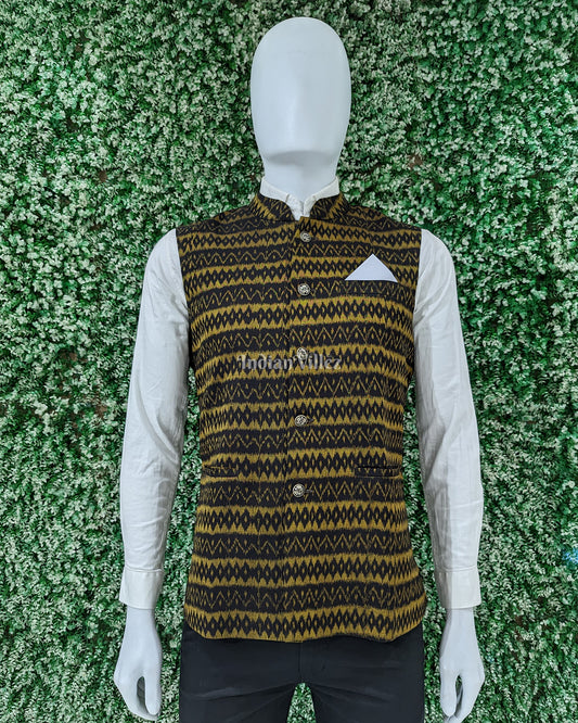 Golden Black Odisha Ikat Cotton Half Bandi Jacket for Men 