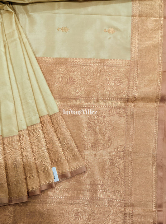 Cream Flower Motif Banarasi Katan Silk Saree