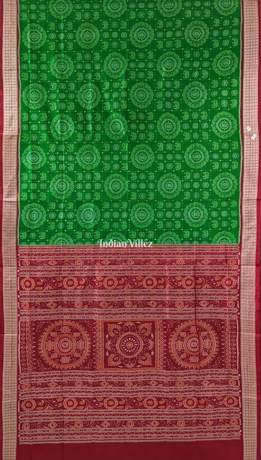 Green Red Elephant & Flower motif  Sambalpuri Ikat Silk Saree