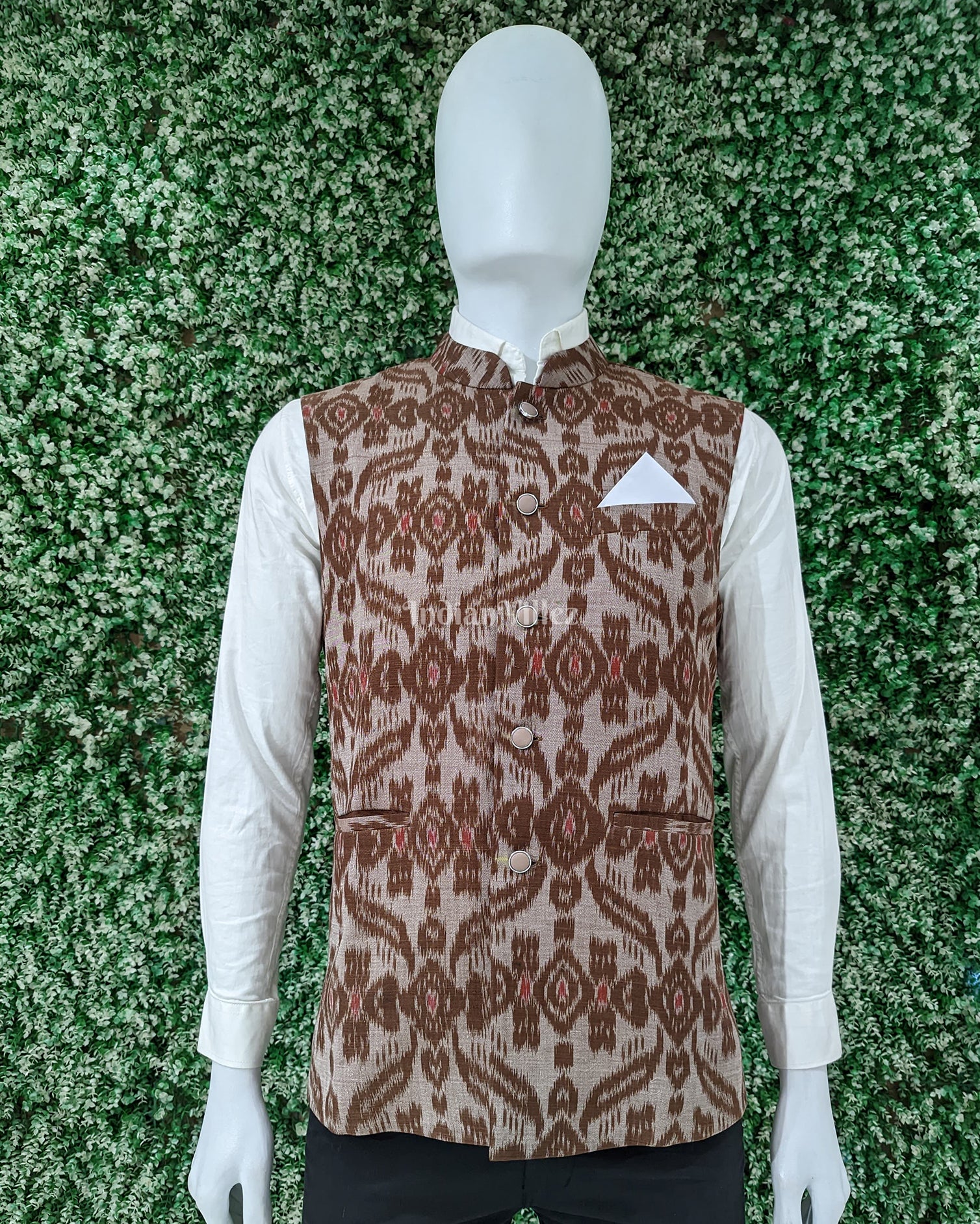 Brown Odisha Ikat Cotton Half Bandi Jacket for Men